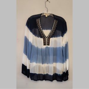 Michael Kors beautiful beaded long sleeve blues and white tunic size 10